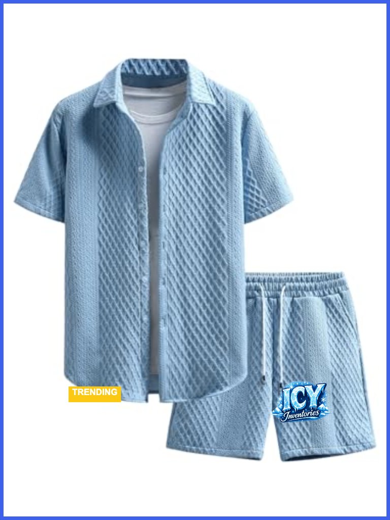2 Piece Outfit Waffle Knit Button Down Shirt And Shorts Set